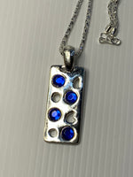 Short Necklace with Blue Rhinestone on Long Rectangle Pendant - Silver Plated