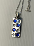 Short Necklace with Blue Rhinestone on Long Rectangle Pendant - Silver Plated