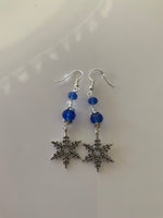 Silver Tone Snowflake Charm Dangle Crystals blue & Crystal Clear  Earrings Pierced or Clip-On  avail