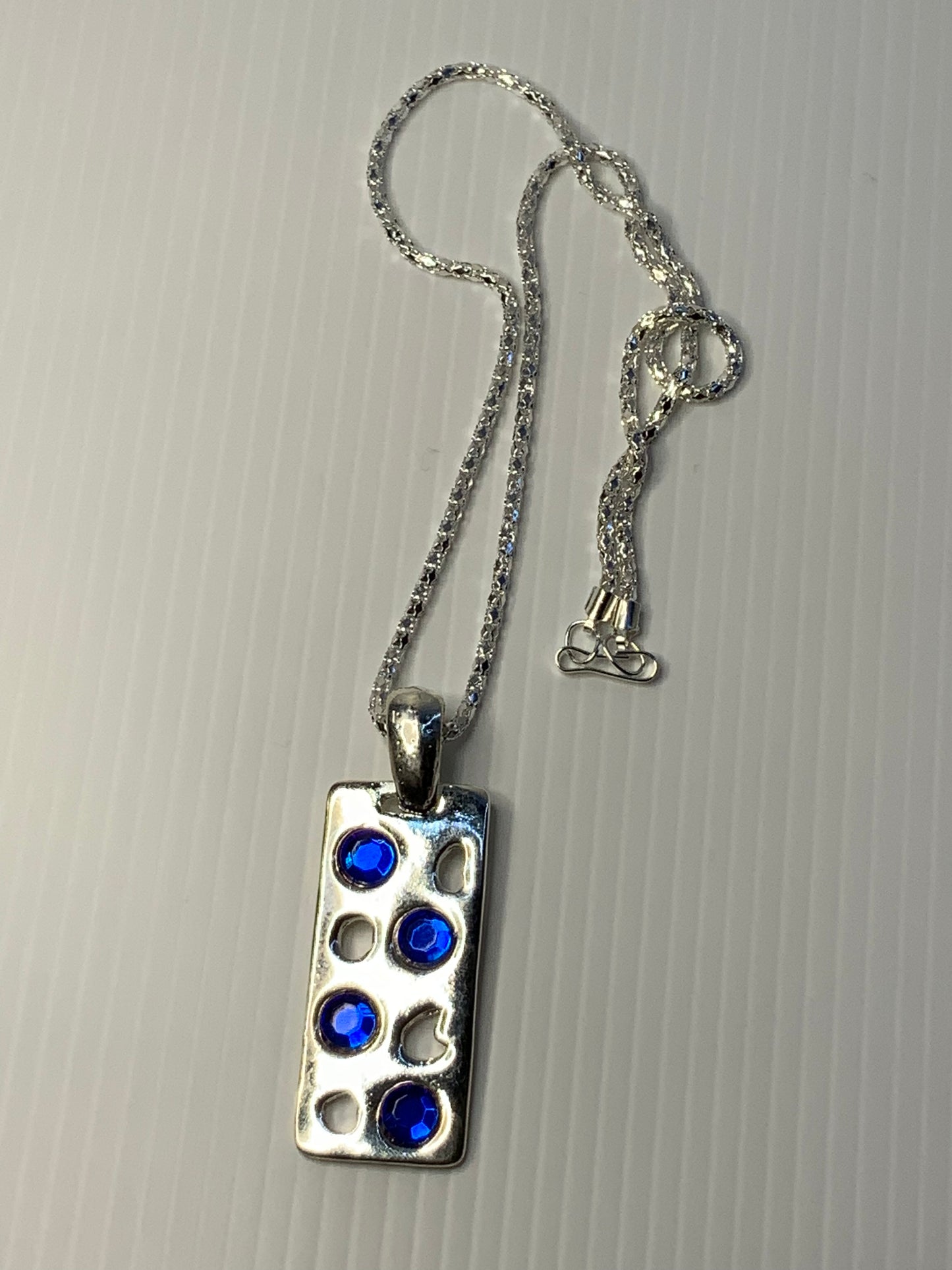 Short Necklace with Blue Rhinestone on Long Rectangle Pendant - Silver Plated