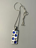 Short Necklace with Blue Rhinestone on Long Rectangle Pendant - Silver Plated