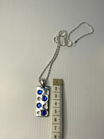 Short Necklace with Blue Rhinestone on Long Rectangle Pendant - Silver Plated