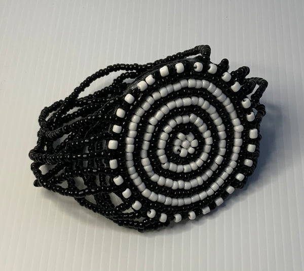 Multi Strand Black & White Focal Pendant Wrist Band Stretchy Bracelet