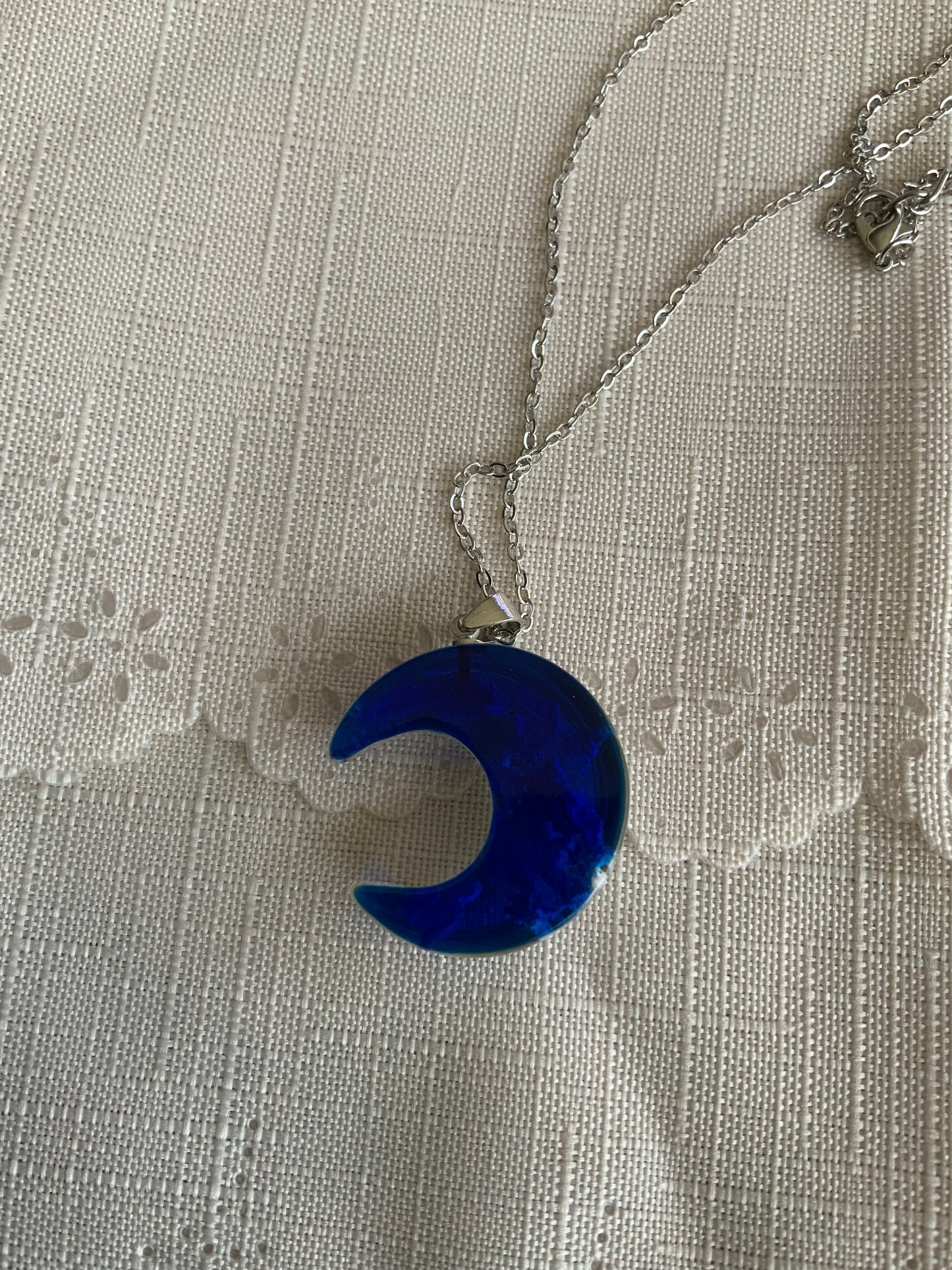 Half Moon Pendant Necklace Epoxy with Cloud Flakes Pendant on Fine Link Chain