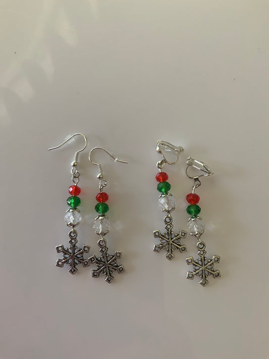 Silver Tone Snowflake Charm Dangle Crystals Red, Green & Clear Earrings Pierced or Clip-On  avail
