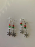 Silver Tone Snowflake Charm Dangle Crystals Red, Green & Clear Earrings Pierced or Clip-On  avail