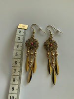 Long Dangle Gold Plated Round Floral Detailed Flower Charm Leaves Pink Centre