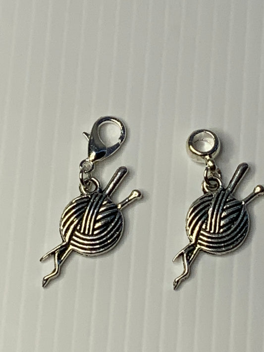 Knitting Needles and Yarn Charm, Handbag Dangle, Zipper Pull, Key ring, Bracelet
