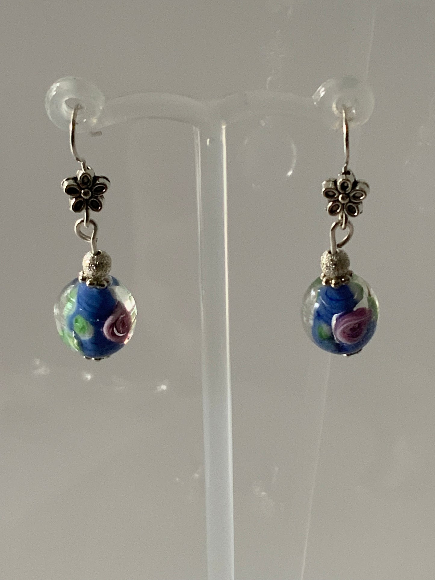 Lampwork Blue & Green Floral Dangle Earrings Silver Plate Pierced