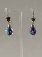 Lampwork Blue & Green Floral Dangle Earrings Silver Plate Pierced