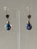 Lampwork Blue & Green Floral Dangle Earrings Silver Plate Pierced