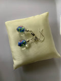 Lampwork Blue & Green Floral Dangle Earrings Silver Plate Pierced