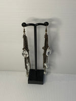 Long Dangle Bronze Coin & Crystal drop, Pears & Rhinestone Earrings - Pierced.