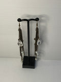 Long Dangle Bronze Coin & Crystal drop, Pears & Rhinestone Earrings - Pierced.