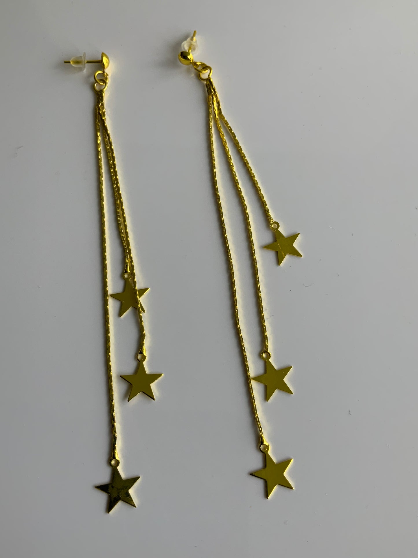 Long Chain Gold Plate Star Dangle Earrings Pierced - Stud & Clear Bullet Closure