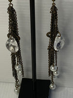 Long Dangle Bronze Coin & Crystal drop, Pears & Rhinestone Earrings - Pierced.