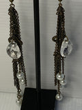 Long Dangle Bronze Coin & Crystal drop, Pears & Rhinestone Earrings - Pierced.