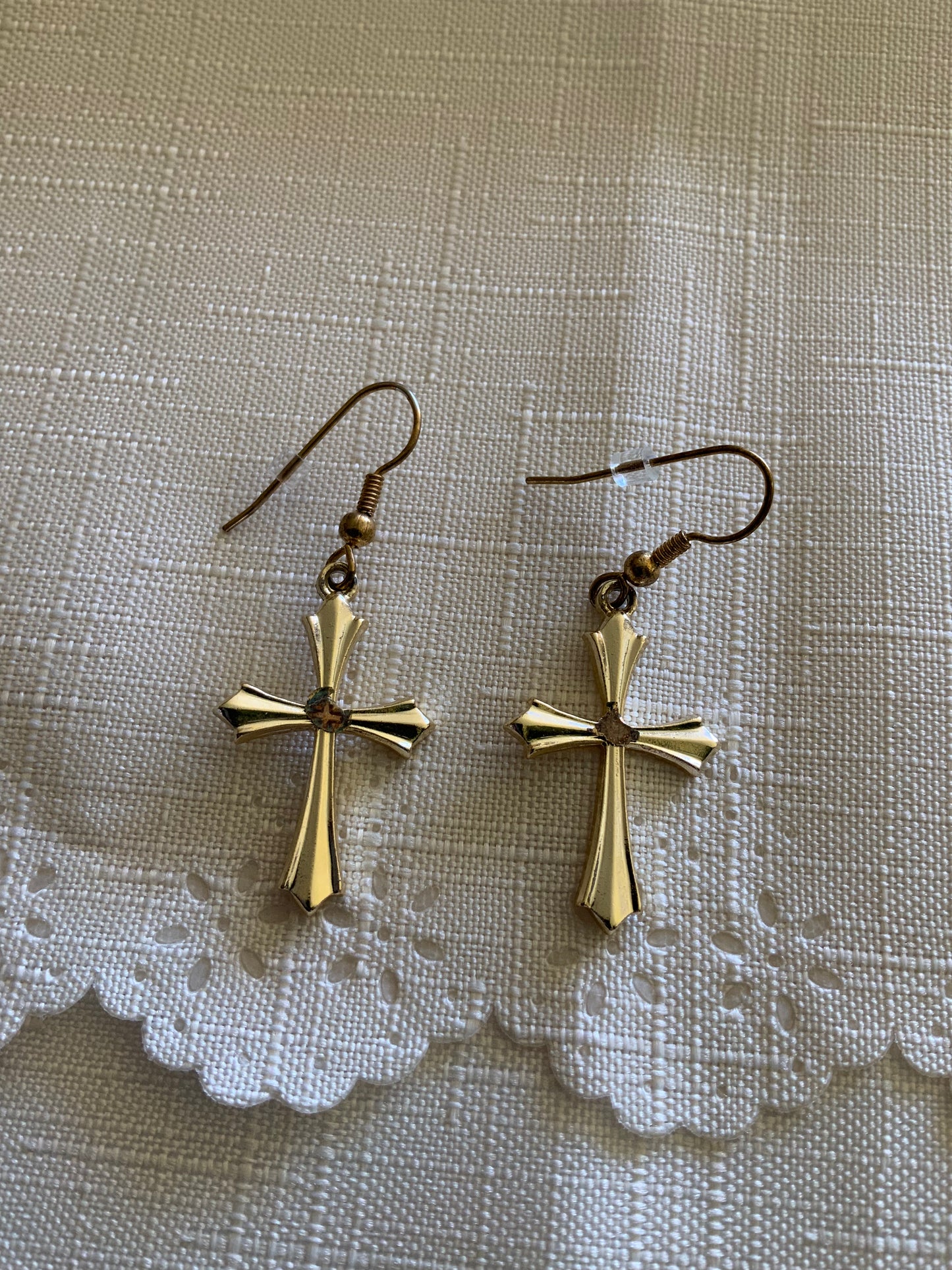Gold Plated Detailed Cross Charm Dangle Earrings Pierced avail Clip-on