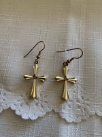 Gold Plated Detailed Cross Charm Dangle Earrings Pierced avail Clip-on