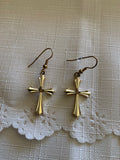 Gold Plated Detailed Cross Charm Dangle Earrings Pierced avail Clip-on