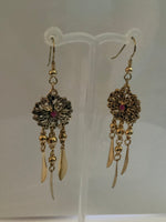 Long Dangle Gold Plated Round Floral Detailed Flower Charm Leaves Pink Centre