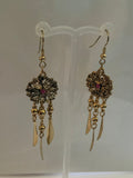 Long Dangle Gold Plated Round Floral Detailed Flower Charm Leaves Pink Centre