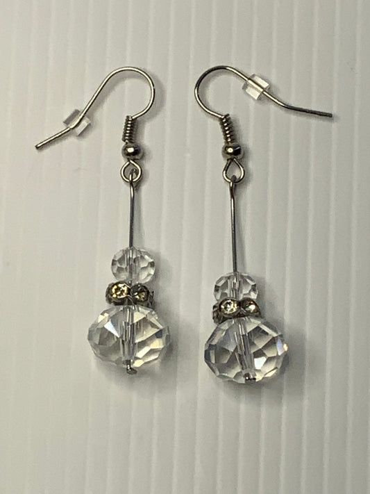 Long Crystal Clear Drop Dangle Earrings Pierced Hook Silver Plate Shiny Sparkle