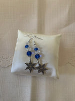 Silver Tone Snowflake Charm Dangle Crystals blue & Crystal Clear  Earrings Pierced or Clip-On  avail