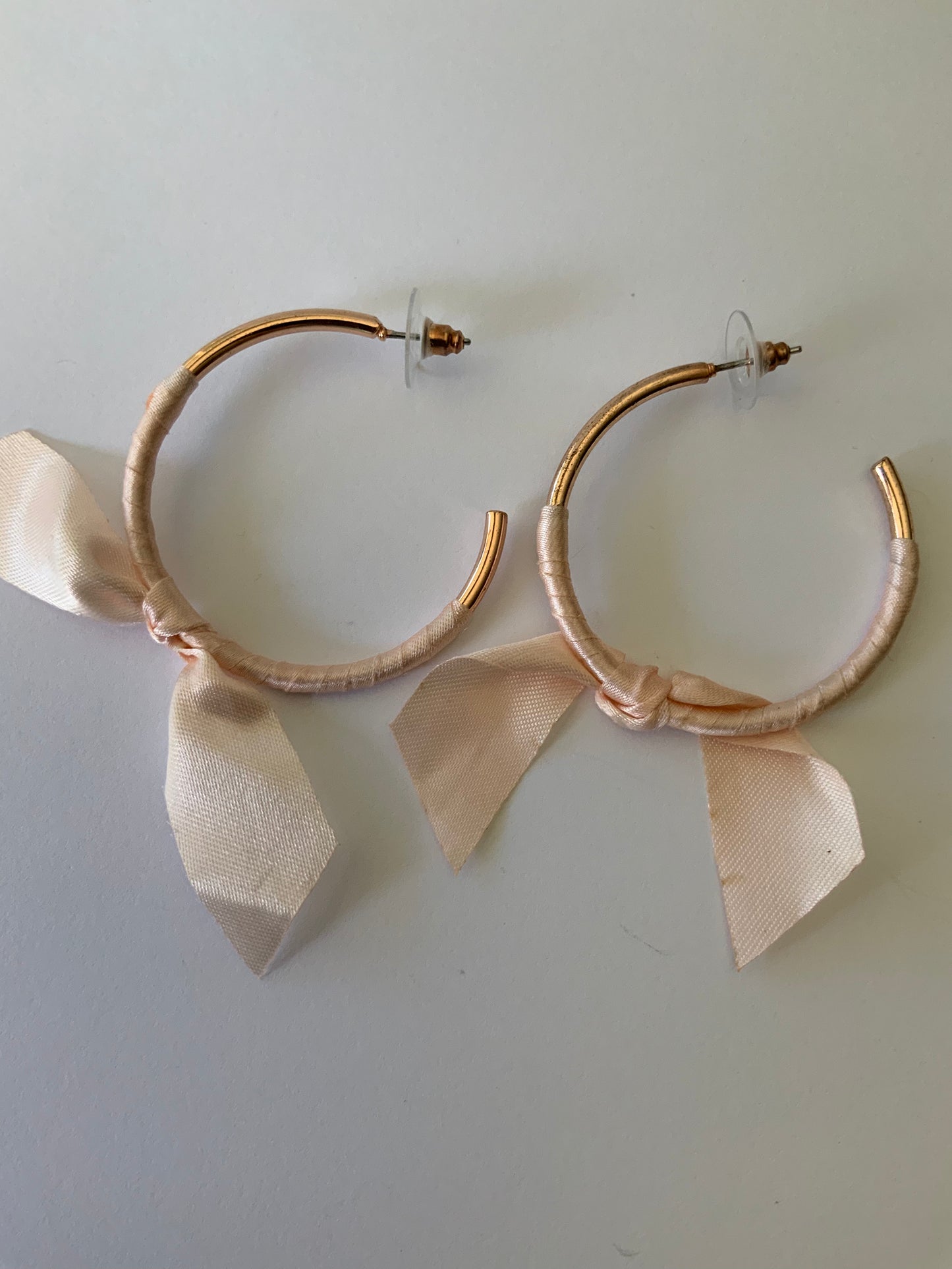 Large Open Ended Gold Plated Hoop with Very Pale Pink Ribbon Bow Dangle Earrings