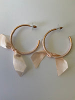 Large Open Ended Gold Plated Hoop with Very Pale Pink Ribbon Bow Dangle Earrings