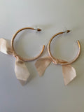 Large Open Ended Gold Plated Hoop with Very Pale Pink Ribbon Bow Dangle Earrings