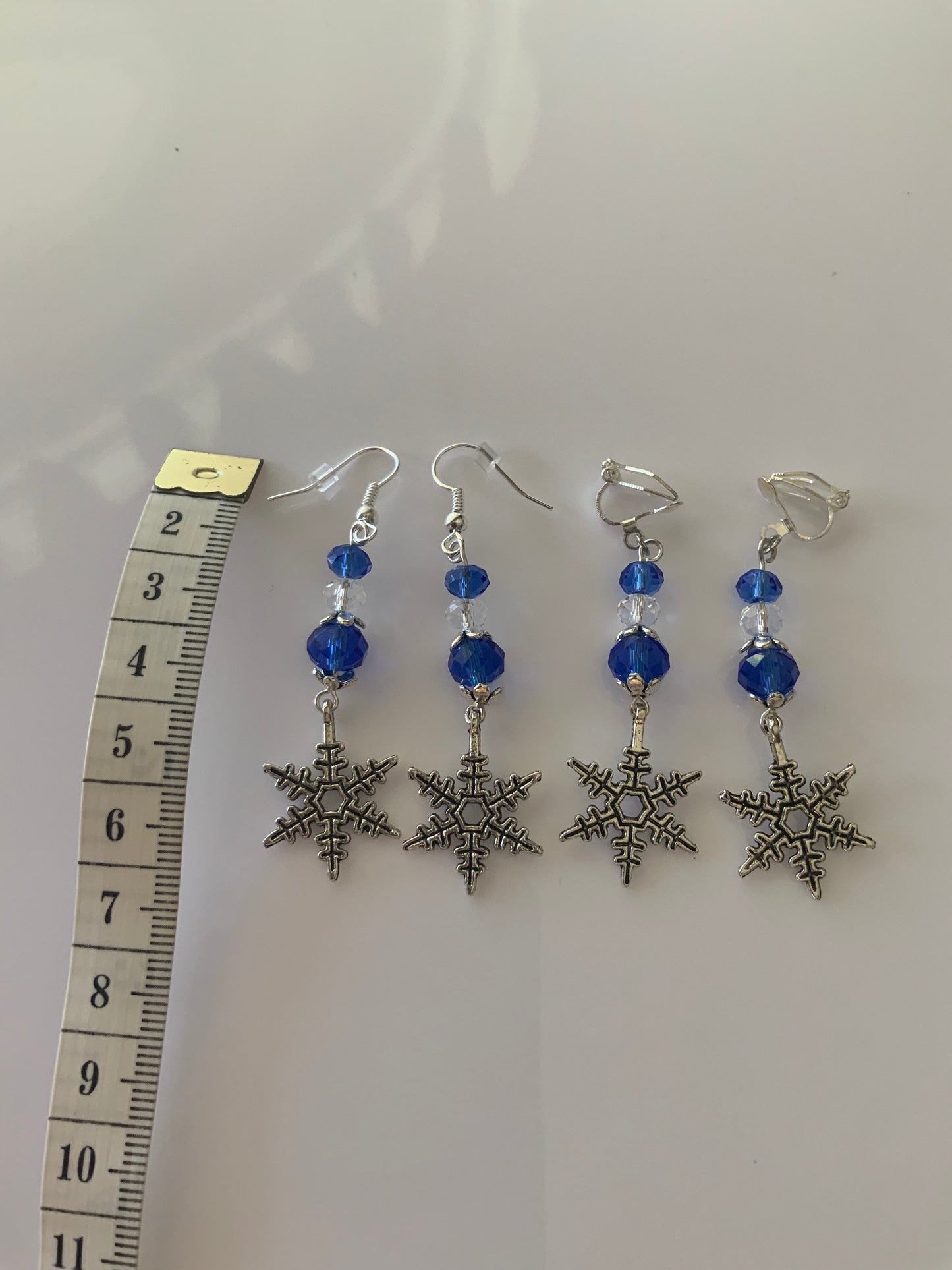 Silver Tone Snowflake Charm Dangle Crystals blue & Crystal Clear  Earrings Pierced or Clip-On  avail