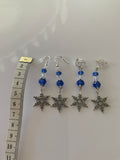 Silver Tone Snowflake Charm Dangle Crystals blue & Crystal Clear  Earrings Pierced or Clip-On  avail