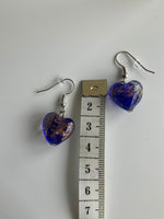 Lamp work Heart Dark Blue, Gold Fleck  Earrings Silver tone Pierced or Clip-on