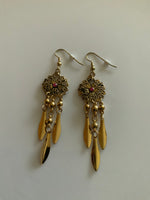 Long Dangle Gold Plated Round Floral Detailed Flower Charm Leaves Pink Centre