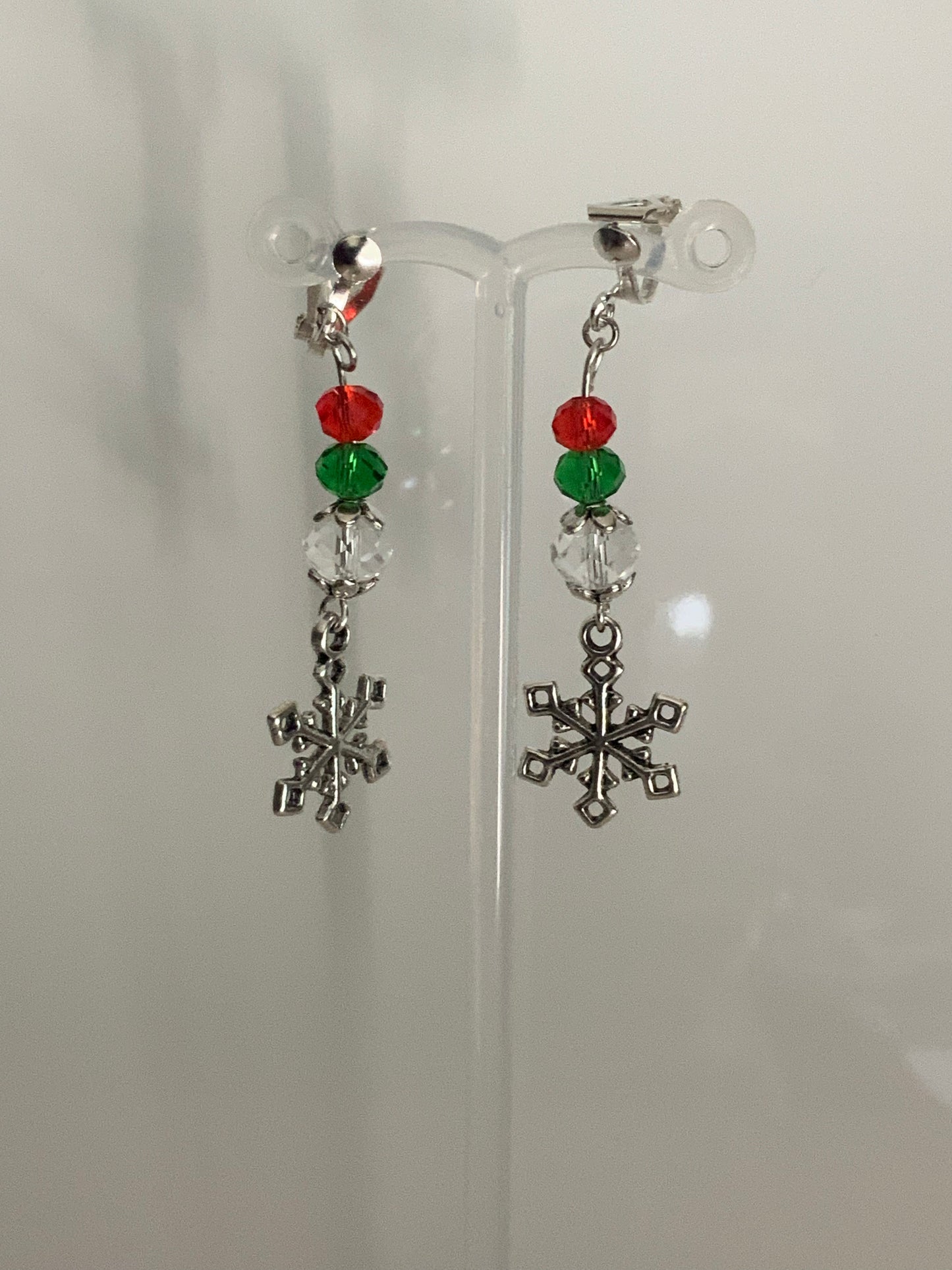 Silver Tone Snowflake Charm Dangle Crystals Red, Green & Clear Earrings Pierced or Clip-On  avail