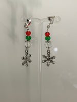 Silver Tone Snowflake Charm Dangle Crystals Red, Green & Clear Earrings Pierced or Clip-On  avail