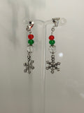 Silver Tone Snowflake Charm Dangle Crystals Red, Green & Clear Earrings Pierced or Clip-On  avail