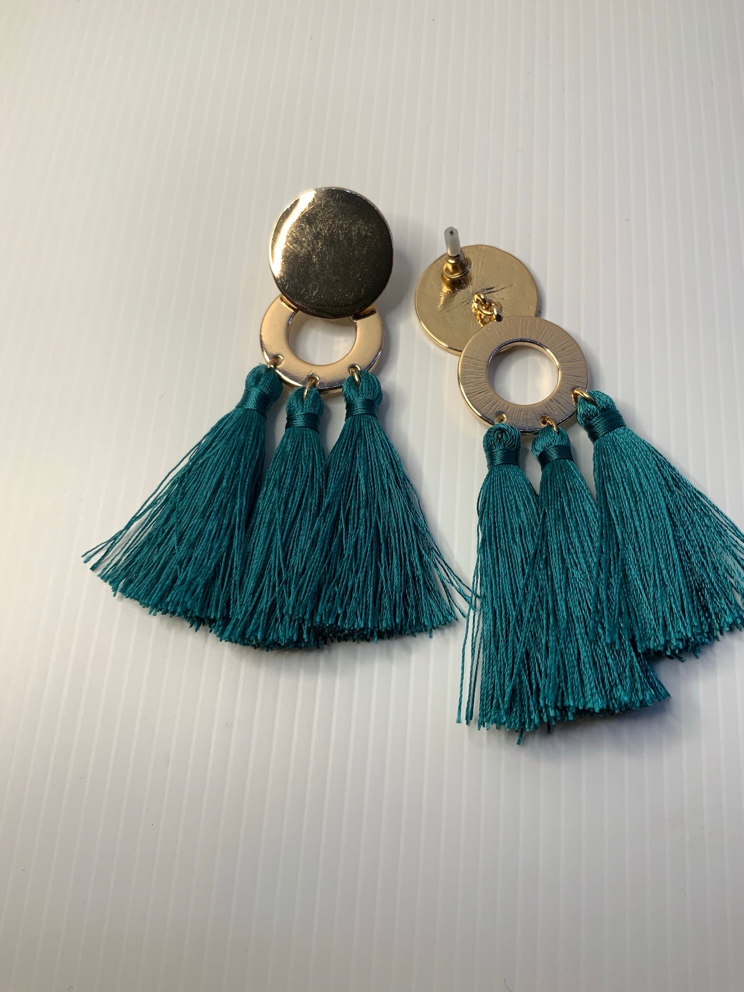 Tassel Long Dangle Earrings - Dark Teal & Gold tone Pierced