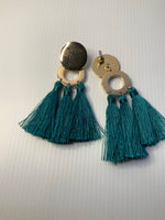 Tassel Long Dangle Earrings - Dark Teal & Gold tone Pierced