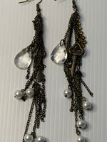 Long Beaded Chain Tassel Dangle Earrings Black with Pearls, Teardrops Ears Hook