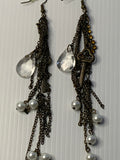Long Beaded Chain Tassel Dangle Earrings Black with Pearls, Teardrops Ears Hook