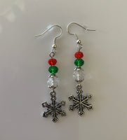 Silver Tone Snowflake Charm Dangle Crystals Red, Green & Clear Earrings Pierced or Clip-On  avail