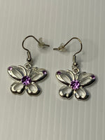 Silver Plate Butterfly Charm Earrings Purple Rhinestone Features - Pierced Ears