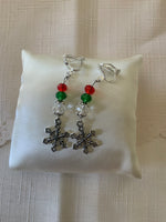 Silver Tone Snowflake Charm Dangle Crystals Red, Green & Clear Earrings Pierced or Clip-On  avail