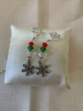 Silver Tone Snowflake Charm Dangle Crystals Red, Green & Clear Earrings Pierced or Clip-On  avail