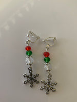 Silver Tone Snowflake Charm Dangle Crystals Red, Green & Clear Earrings Pierced or Clip-On  avail