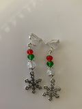 Silver Tone Snowflake Charm Dangle Crystals Red, Green & Clear Earrings Pierced or Clip-On  avail
