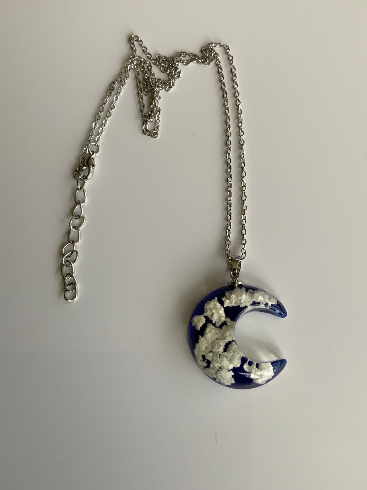 Half Moon Pendant Necklace Epoxy with Cloud Flakes Pendant on Fine Link Chain