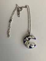 Half Moon Pendant Necklace Epoxy with Cloud Flakes Pendant on Fine Link Chain